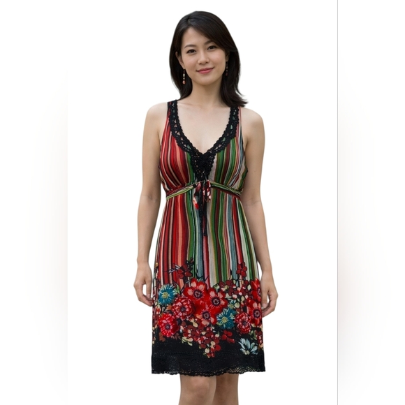 Sue Wong Dresses & Skirts - Sue Wong Vintage 100% Silk Forest Fairy  Multicolor Floral Striped Dress Sz 12